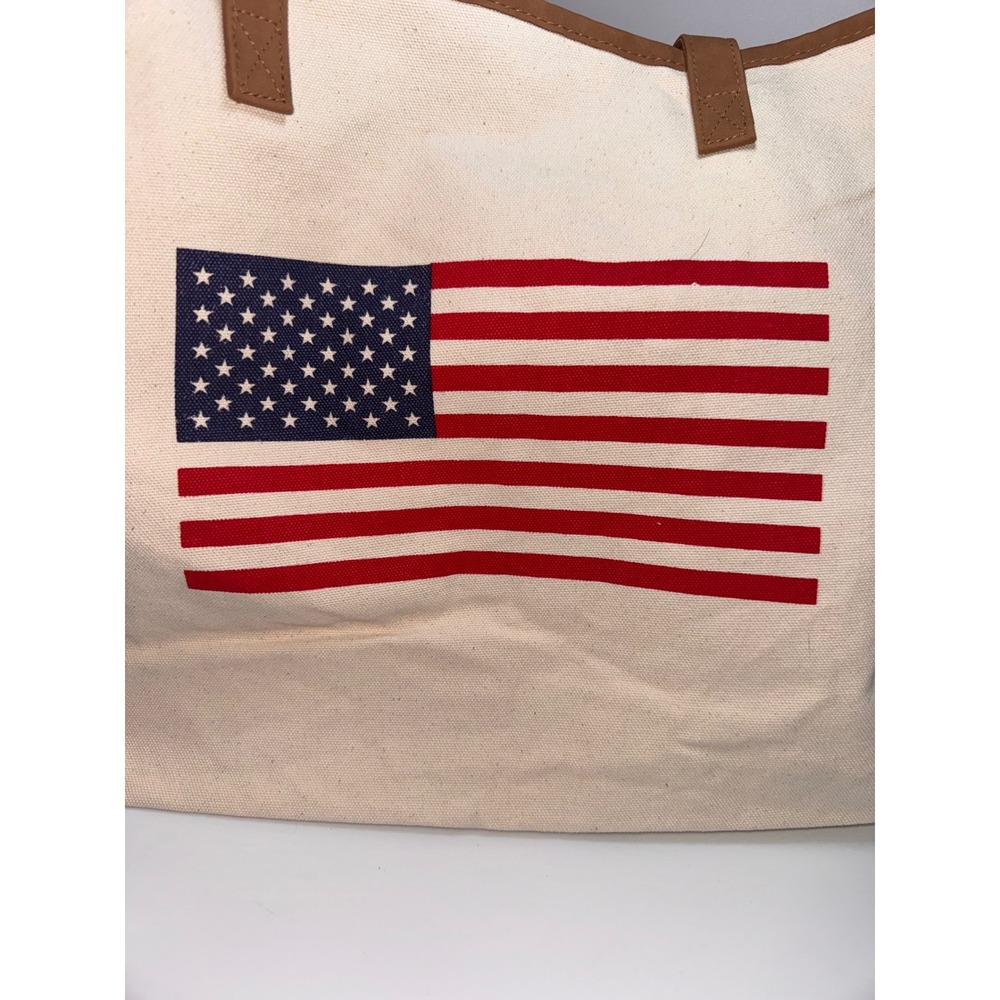 Maurices American Flag Canvas Tote Bag Patriotic USA Graphic Off White Brown